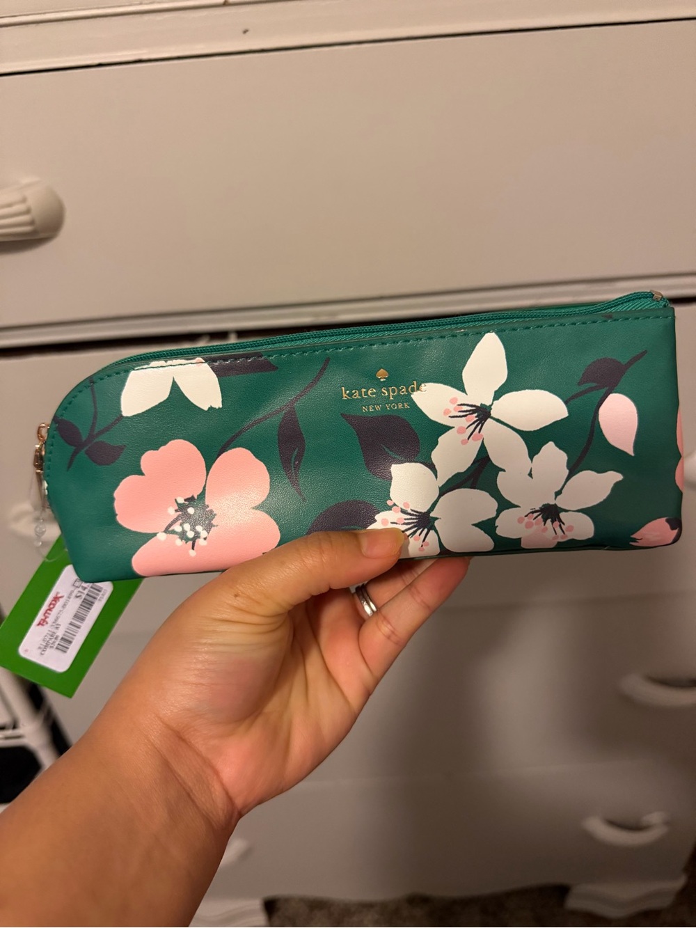 kate spade green floral cosmetic pouch with pink and white blooms